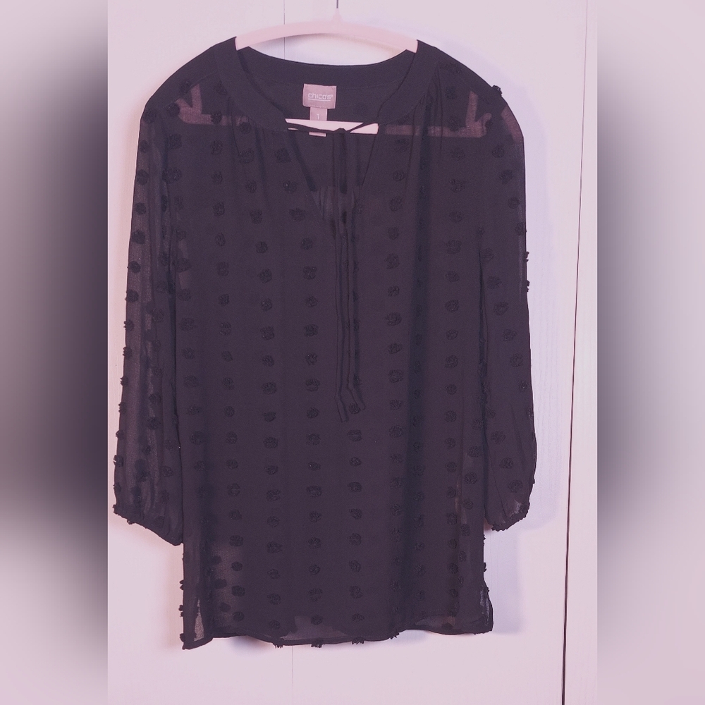 Chico's Black Chiffon Raised Pom Pom Polka Dot Pullover Sheer Blouse Size Medium